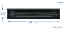 Load image into Gallery viewer, Neck dimensions of a black 24-inch 2-slot linear diffuser with 19mm openings for precision airflow in commercial HVAC systems