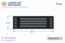 Load image into Gallery viewer, Face dimensions of a 24-inch 3-slot linear slot diffuser with 19mm opening in matte black.