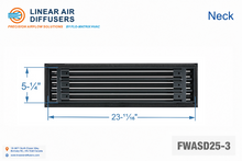 Load image into Gallery viewer, Neck dimensions of a 24-inch 3-slot linear slot diffuser with 19mm opening in matte black.