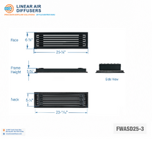 Load image into Gallery viewer, Overall dimensions of a 24-inch 3-slot linear slot diffuser with 19mm opening in matte black.