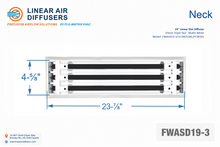 Load image into Gallery viewer, Neck dimensions of a 24-inch 3-slot linear slot diffuser with 19mm opening in matte white.