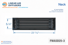 Load image into Gallery viewer, Neck dimensions of a 24-inch 3-slot linear slot diffuser with 25mm opening in matte black.