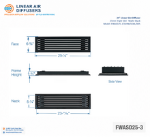Load image into Gallery viewer, Overall dimensions of a 24-inch 3-slot linear slot diffuser with 25mm opening in matte black.