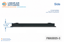 Load image into Gallery viewer, Side profile and dimensions of a 24-inch 3-slot linear slot diffuser with 25mm opening in matte black.