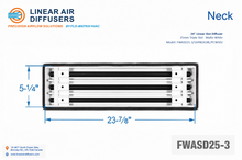 Load image into Gallery viewer, Neck dimensions of a 24-inch 3-slot linear slot diffuser with 25mm opening in matte white.
