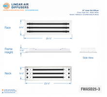 Load image into Gallery viewer, Overall dimensions of a 24-inch 3-slot linear slot diffuser with 25mm opening in matte white.