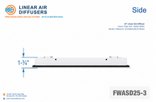 Load image into Gallery viewer, Side profile and dimensions of a 24-inch 3-slot linear slot diffuser with 25mm opening in matte white.