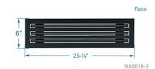 Load image into Gallery viewer, Face dimensions of a black 24 inch 3-slot linear diffuser with 19mm openings for precision airflow in commercial HVAC systems