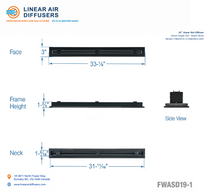 Load image into Gallery viewer, Overall dimensions of a 32-inch 1-slot linear slot diffuser with 19mm opening in matte black.