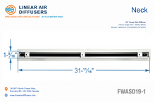 Load image into Gallery viewer, Neck dimensions of a 32-inch 1-slot linear slot diffuser with 19mm opening in matte white.