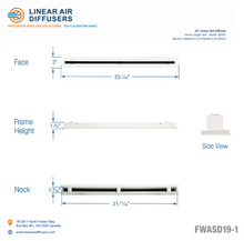 Load image into Gallery viewer, Overall dimensions of a 32-inch 1-slot linear slot diffuser with 19mm opening in matte white.