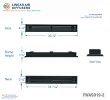 Load image into Gallery viewer, Overall dimensions of a 32-inch 2-slot linear slot diffuser with 19mm opening in matte black.