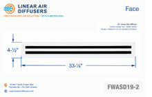 Load image into Gallery viewer, Face dimensions of a 32-inch 2-slot linear slot diffuser with 19mm opening in matte white.