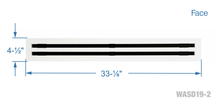 Load image into Gallery viewer, Face dimensions of a white 32 inch 2-slot linear diffuser with 19mm openings for precision airflow in commercial HVAC systems