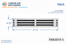 Load image into Gallery viewer, Neck dimensions of a 32-inch 3-slot linear slot diffuser with 19mm opening in matte white.