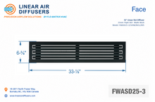 Load image into Gallery viewer, Face dimensions of a 32-inch 3-slot linear slot diffuser with 25mm opening in matte black.