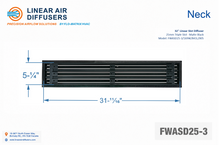 Load image into Gallery viewer, Neck dimensions of a 32-inch 3-slot linear slot diffuser with 25mm opening in matte black.