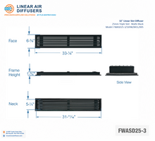 Load image into Gallery viewer, Overall dimensions of a 32-inch 3-slot linear slot diffuser with 25mm opening in matte black