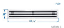 Load image into Gallery viewer, Face dimensions of a white 32 inch 3-slot linear diffuser with 19mm openings for precision airflow in commercial HVAC systems