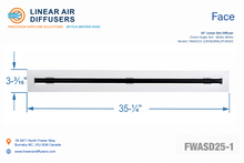 Load image into Gallery viewer, Face dimensions of a 34-inch 1-slot linear slot diffuser with 25mm opening in matte white.