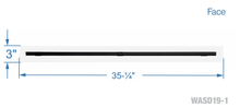 Load image into Gallery viewer, Face dimensions of a white 34 inch 1-slot linear diffuser with 19mm openings for precision airflow in commercial HVAC systems