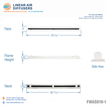 Load image into Gallery viewer, Overall dimensions of a 36-inch 1-slot linear slot diffuser with 19mm opening in matte white.