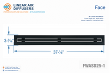 Load image into Gallery viewer, Face dimensions of a 36-inch 1-slot linear slot diffuser with 25mm opening in matte black.