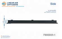Load image into Gallery viewer, Side profile and dimensions of a 36-inch 1-slot linear slot diffuser with 25mm opening in matte black.