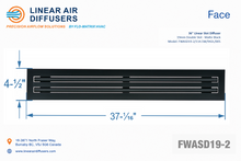 Load image into Gallery viewer, Face dimensions of a 36-inch 2-slot linear slot diffuser with 19mm opening in matte black.