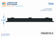 Load image into Gallery viewer, Side profile and dimensions of a 36-inch 2-slot linear slot diffuser with 19mm opening in matte black.