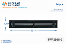Load image into Gallery viewer, Neck dimensions of a 36-inch 2-slot linear slot diffuser with 25mm opening in matte black.