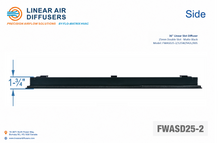 Load image into Gallery viewer, Side profile and dimensions of a 36-inch 2-slot linear slot diffuser with 25mm opening in matte black.