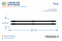 Load image into Gallery viewer, Face dimensions of a 36-inch 2-slot linear slot diffuser with 25mm opening in matte white.
