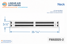 Load image into Gallery viewer, Neck dimensions of a 36-inch 2-slot linear slot diffuser with 25mm opening in matte white.