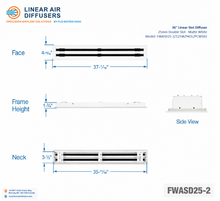 Load image into Gallery viewer, Overall dimensions of a 36-inch 2-slot linear slot diffuser with 25mm opening in matte white.