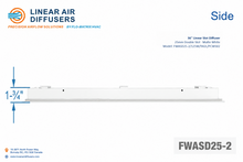 Load image into Gallery viewer, Side profile and dimensions of a 36-inch 2-slot linear slot diffuser with 25mm opening in matte side.