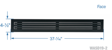Load image into Gallery viewer, Face dimensions of a black 36-inch 2-slot linear diffuser with 19mm openings for precision airflow in commercial HVAC systems