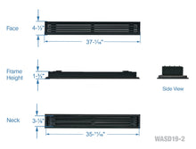 Load image into Gallery viewer, Full dimensions of a black 36-inch 2-slot linear diffuser with 19mm openings for precision airflow in commercial HVAC systems