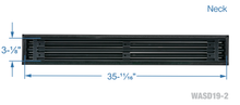 Load image into Gallery viewer, Neck dimensions of a black 36-inch 2-slot linear diffuser with 19mm openings for precision airflow in commercial HVAC systems