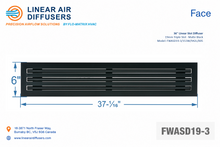 Load image into Gallery viewer, Face dimensions of a 36-inch 3-slot linear slot diffuser with 19mm opening in matte black.