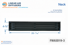 Load image into Gallery viewer, Neck dimensions of a 36-inch 3-slot linear slot diffuser with 19mm opening in matte black.
