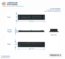 Load image into Gallery viewer, Overall dimensions of a 36-inch 3-slot linear slot diffuser with 19mm opening in matte black.