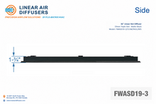 Load image into Gallery viewer, Side profile and dimensions of a 36-inch 3-slot linear slot diffuser with 19mm opening in matte black.