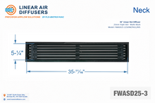 Load image into Gallery viewer, Neck dimensions of a 36-inch 3-slot linear slot diffuser with 25mm opening in matte black.