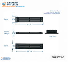 Load image into Gallery viewer, Overall dimensions of a 36-inch 3-slot linear slot diffuser with 25mm opening in matte black.