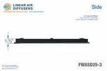 Load image into Gallery viewer, Side profile and dimensions of a 36-inch 3-slot linear slot diffuser with 25mm opening in matte black.