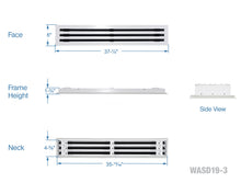 Load image into Gallery viewer, Full dimensions of a white 36 inch 3-slot linear diffuser with 19mm openings for precision airflow in commercial HVAC systems
