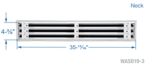 Load image into Gallery viewer, Neck dimensions of a white 36 inch 3-slot linear diffuser with 19mm openings for precision airflow in commercial HVAC systems