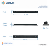 Load image into Gallery viewer, Overall dimensions of a 48-inch 1-slot linear slot diffuser with 19mm opening in matte black.