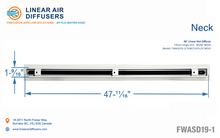 Load image into Gallery viewer, Neck dimensions of a 48-inch 1-slot linear slot diffuser with 19mm opening in matte white.